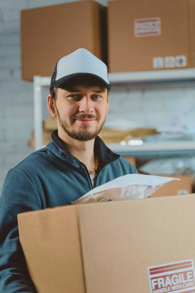 Lächelnder Lagerarbeiter in Arbeitskleidung hält einen mit 'Fragile - Handle with Care' markierten Karton